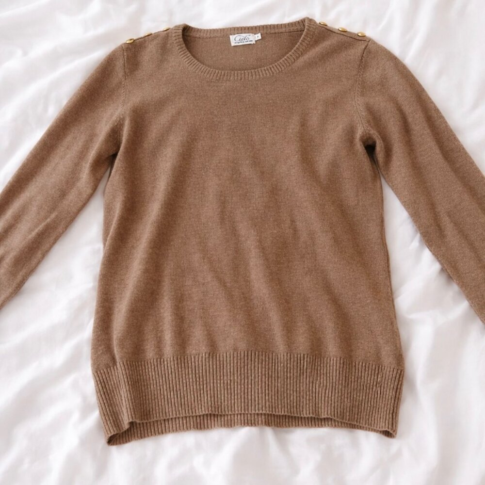 Caramel Knit Sweater with Gold Shoulder Buttons